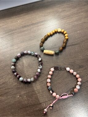 Set of Three Beaded Stretch Bracelets - Pink, Purple, Brown